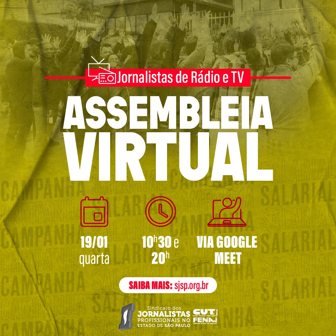 Campanha Salarial RTV: Sindicato convoca jornalistas para assembleia virtual na quarta-feira, dia 19