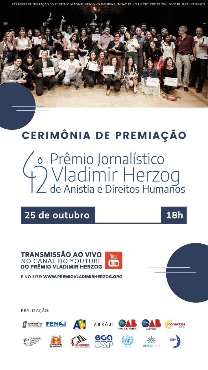 Cerimônia com vencedores do 42º Prêmio Vladimir Herzog será transmitida pela internet
