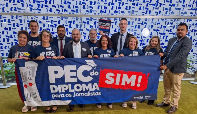 Diretores de Sindicatos filiados à Fenaj, na luta pelo diploma em Brasília. Foto: Divulgação.