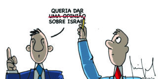 MÍDIA BRASILEIRA É CÚMPLICE DO GENOCÍDIO © MIGUÉL PAIVA. Charge da exposição Sinta-se em Gaza cedidas para esta edição