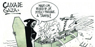 MANIFESTO DOS JORNALISTAS BRASILEIROS: ISRAEL, PARE DE MATAR JORNALISTAS PALESTINOS! CESSAR-FOGO JÁ! BASTADE GENOCÍDIO DO POVO PALESTINO! © EDGAR VASQUES. Charge da exposição Sinta-se em Gaza cedidas para esta edição