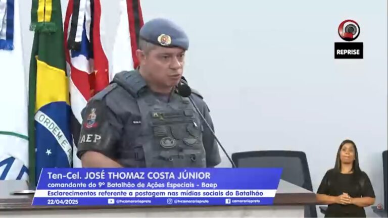 tenente-coronel José Thomaz da Costa Júnior, comandante do 9° Batalhão de Operações Especiais (BAEP) da Polícia Militar do Estado de São Paulo, durante sua fala na tribuna livre da Câmara Municipal daquela cidade, na sessão do dia 22 de abril de 2025.