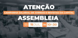 Assembleia nesta quinta-feira, às 10h30, debaterá os próximos passos da Campanha Salarial de Jornais e Revistas da Capital: participe! Patrões de jornais e revistas da capital se recusam a apresentar nova proposta: assembleia nesta sexta, às 10h30, definirá os próximos passos da Campanha Salarial!