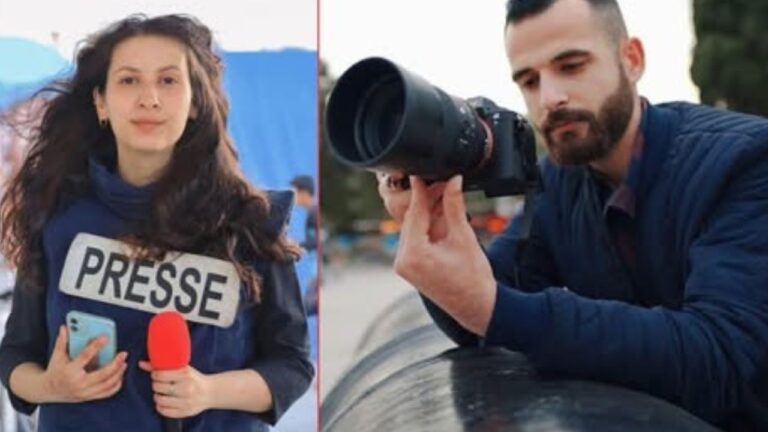 Imagens de arquivo de Bayan Sultan e Ismail Hatab, ambos jornalistas, atacados por Israel no al-Baqa Café na praia de Gaza. Ela sobreviveu e está bem; ele morreu na hora (fotos: Palestine International Broadcast)