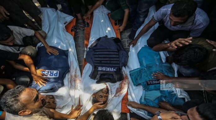 Jornalistas chacinados em Khan Yunis (foto: Sindicato dos Jornalistas Palestinos)