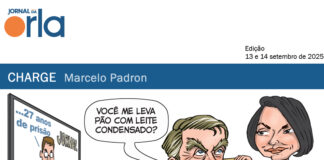 SJSP e Fenaj prestam solidariedade ao chargista Marcelo Padron, de Santos, e repudiam os ataques que sofreu Padron simula um diálogo entre Bolsonaro e a esposa Michele em que o ex-presidente pergunta à esposa: "Você me leva pão com leite condensado?", em frente a uma TV com um apresentador anunciando os 27 anos da condenação.