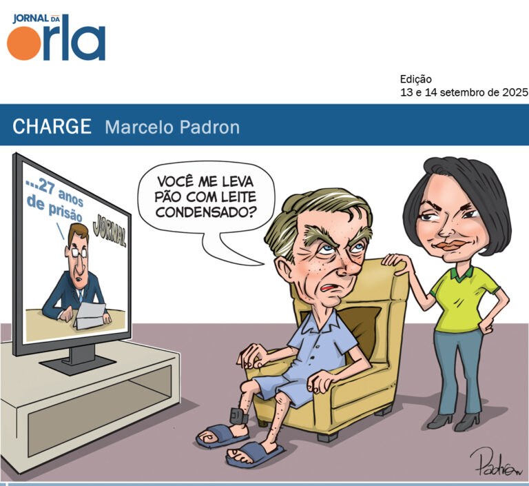Padron simula um diálogo entre Bolsonaro e a esposa Michele em que o ex-presidente pergunta à esposa: "Você me leva pão com leite condensado?", em frente a uma TV com um apresentador anunciando os 27 anos da condenação.