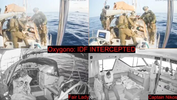 Captura de vídeo indica momento de abordagem do barco Oxygono pelas forças navais de Israel, em águas internacionais do Mediterrâno (reprodução)