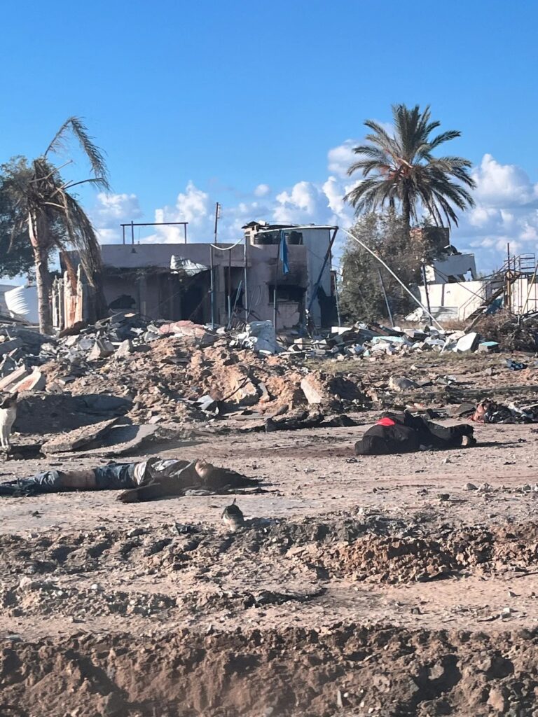 Os corpos de dois palestinos mortos pelas forças israelenses jazem ao lado de rastros de tanques perto do corredor de Netzarim, que divide o norte e o sul de Gaza. Os corpos estão parcialmente devorados por cães e gatos. 31 de janeiro de 2024.