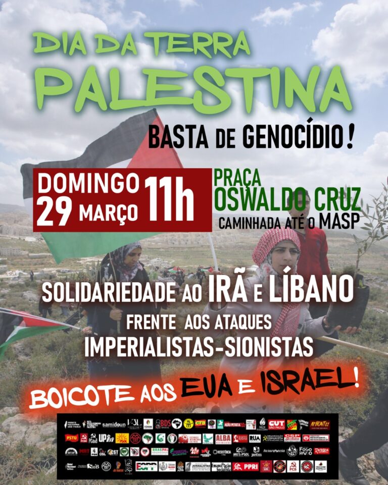 Ato no dia 29 de março em São Paulo retomará mobilização pró Palestina, em repúdio ao genocídio em Gaza e à “limpeza étnica” na Cisjordânia
