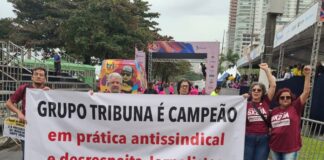 SJSP leva faixa a evento esportivo promovido pelo Grupo Tribuna, e denuncia demissões e prática antissindical na TV e no jornal “A Tribuna”