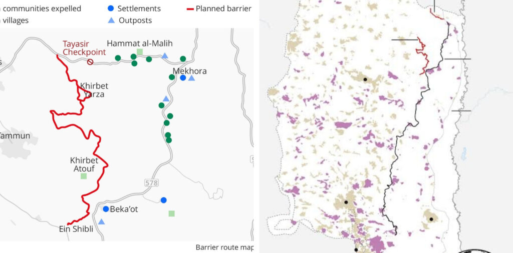 Mapas mostram a planejada barreira israelense "Fio Carmesim" na Cisjordânia ocupada (cortesia: Kerem Navot/Drop Site News)