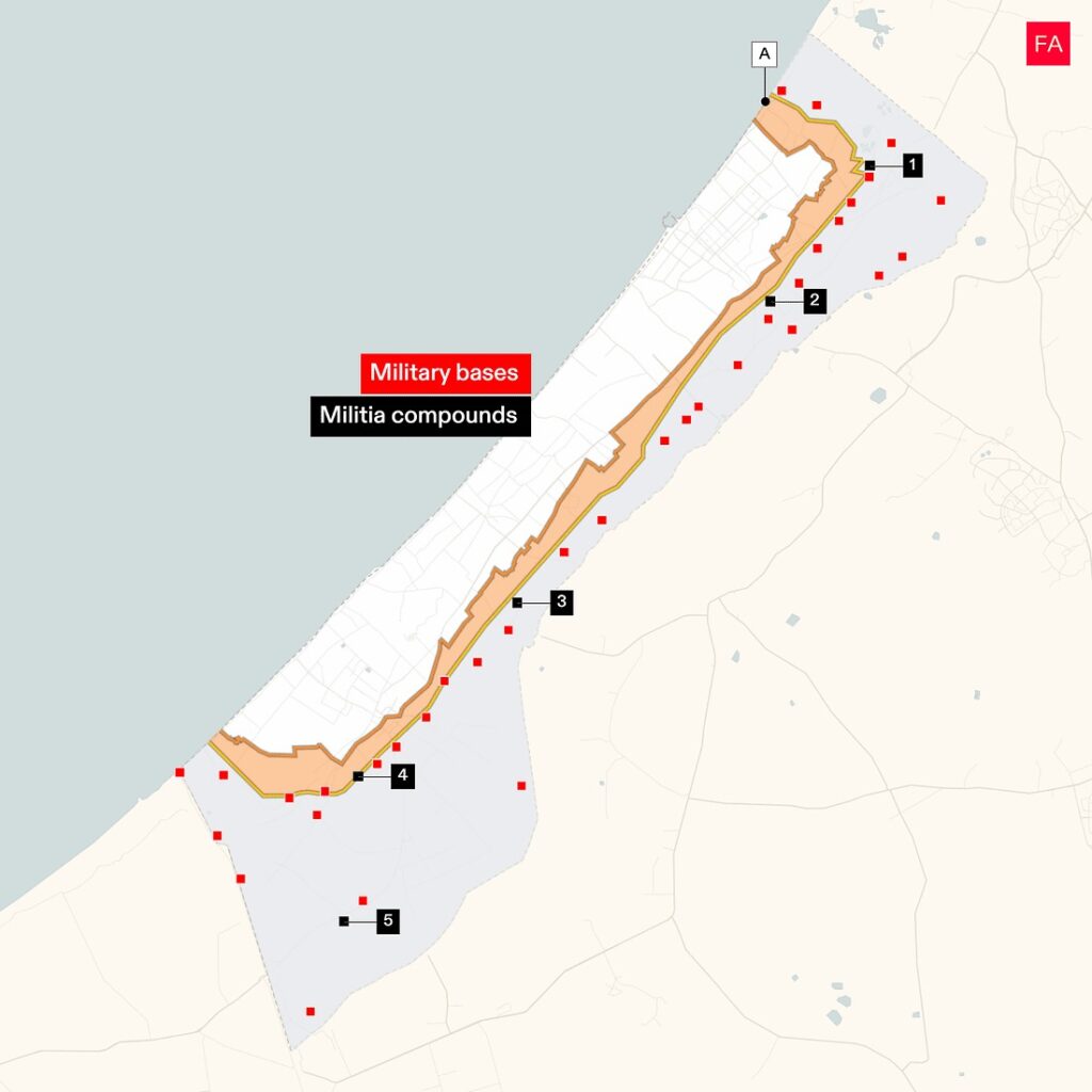 Pelo menos 5 milícias palestinas apoiadas por Israel operam a partir de complexos em áreas sob controle militar israelense na Faixa de Gaza. Fonte: Forensic Architecture